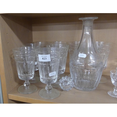 823 - Thumb Cut Decanter & Eight Matching Tumblers.