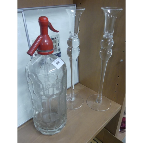 851 - Pair of Tall Glass Candlesticks & Soda Syphon.