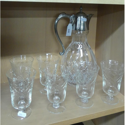 858 - Cut Glass Claret Jug with EP Mounts & Six Tumblers.