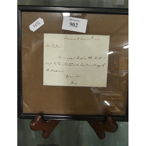 902 - Framed Letter from Viscount Admiral Samuel Hood dated 1813.