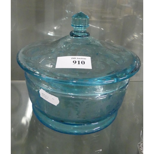 910 - Blue Glass Rococo Engraved Bowl & Cover.