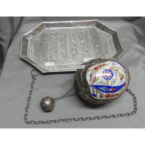 912 - Eastern White Metal Tray & Ornamental Egg.