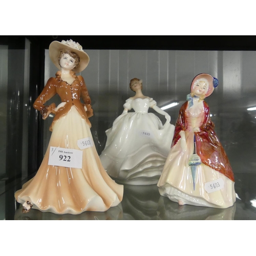 922 - Two Doulton Porcelain Figures & One Similar Coalport.