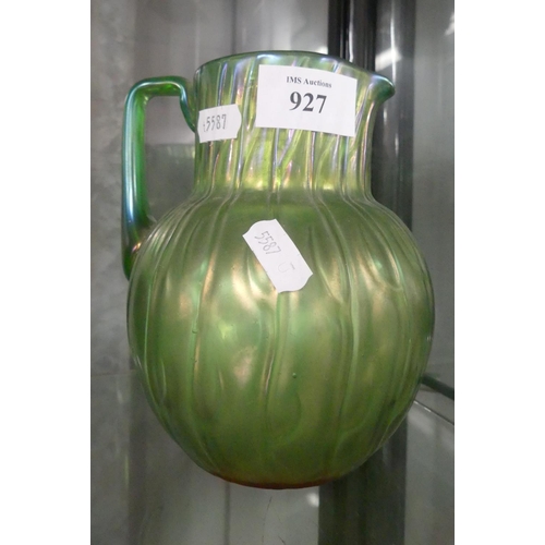 927 - Green Iridescent Glass Jug.