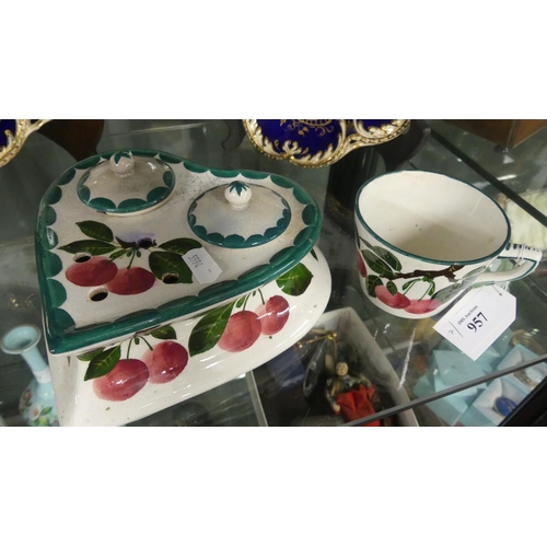 957 - Wemyss Heart Shaped Cherry Painted Desk Inkstand & Cup.