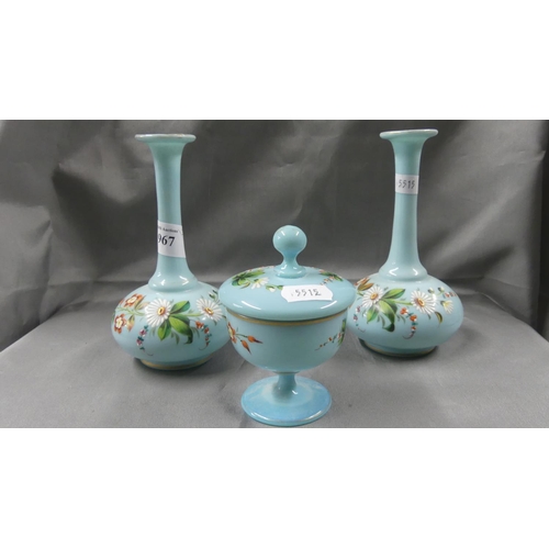 967 - Pair of Antique Blue Glass Vases & Matching Bowl & Cover.