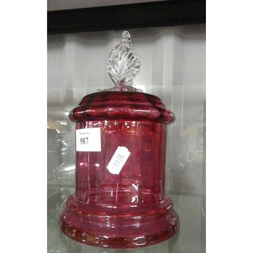 987 - Cranberry Glass Barrel & Cover.