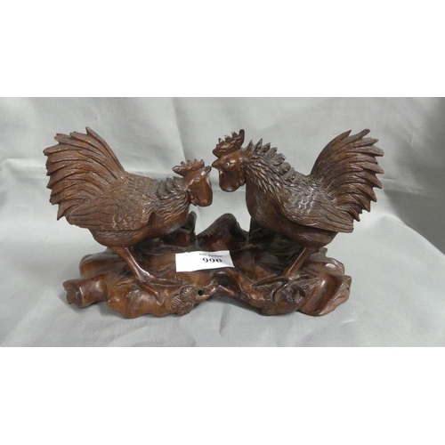 990 - Japanese Carved Wood Fighting Cockerels.