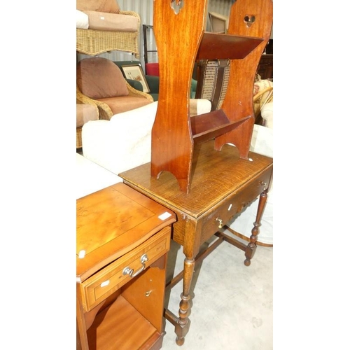 2280 - Oak Side Table, Yew Bedside & Mahogany Book Trough.