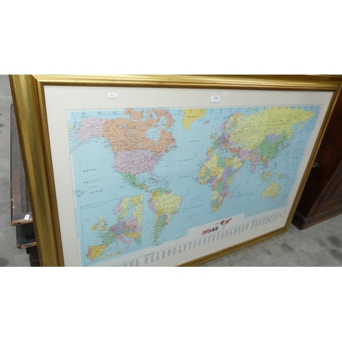 2630 - Large Gilt Framed Map Of The World.