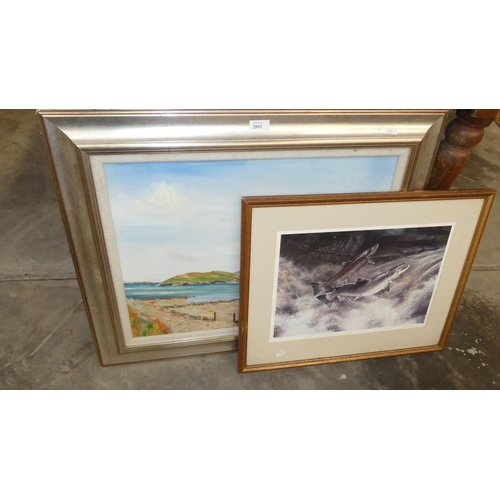 2801 - Oil Painting - Coastal Scene & Signed Print of Leaping Salmon.