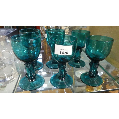 1428 - Georgian Cut Glass Jug, Set of 6 Tinted Wine Glasses.