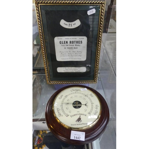 1442 - Famous Grouse Barometer & Framed Whisky Label.