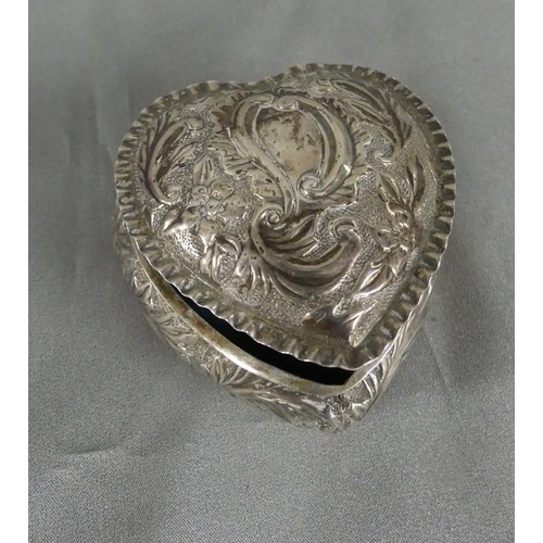 1603 - Birmingham Victorian Silver Heart-Shaped Trinket box, Chased Decoration - 1.9oz troy.