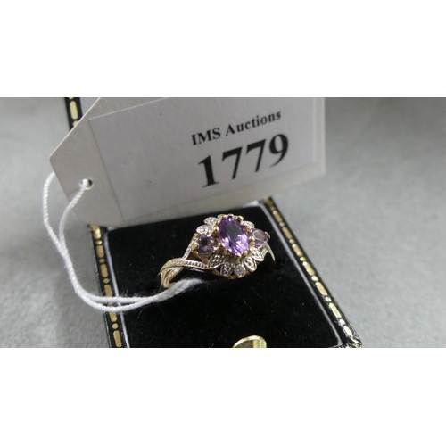 1779 - 9ct Amethyst and Diamond Cluster Ring Size 'P1/2'