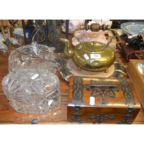 723 - Metal Bound Box, Brass Tea Pot, EP Candle Holder, etc.