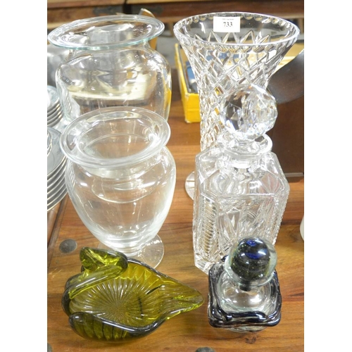 733 - Mdina Scent Bottle, Cut Glass Decanter & Vase, etc.