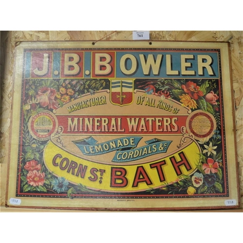 761 - JB Bowler Mineral Waters, Corn Street, Bath, Advertising Sign, 37 x 50cm.