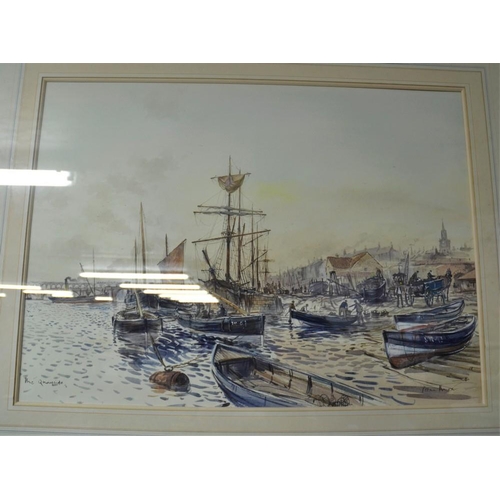 782 - Large Gilt Framed Watercolour - The Quay Side.  Possibly Berwick upon Tweed. Signed Peter Knox