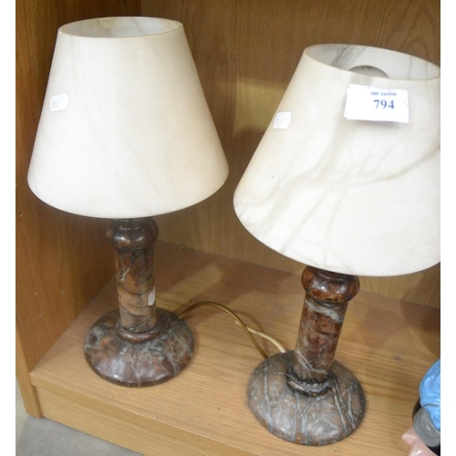 794 - Pair Of Marble Table Lamps & Shades.