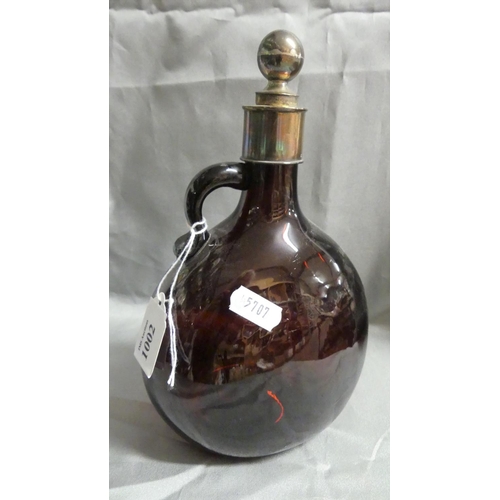 1002 - Victorian Dark Amber Tinted Glass Decanter with London Silver Collar & Stopper.