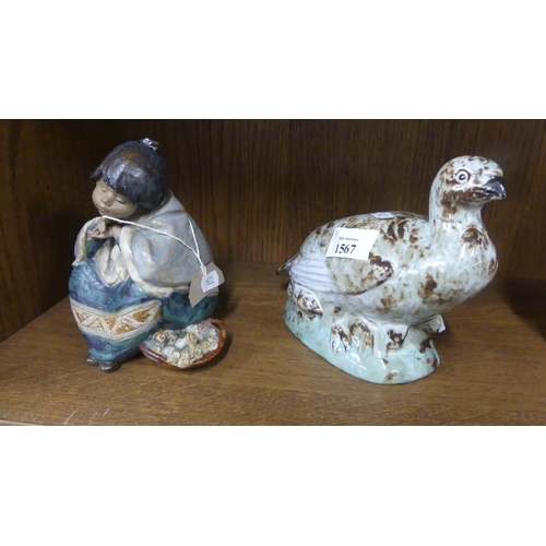 1567 - Lladro Pottery Figure & Art Pottery Bird.