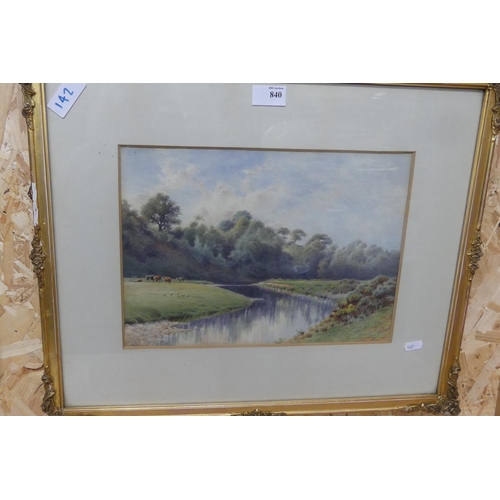 840 - Framed Watercolour - River Landscape with Cattle in Background, Unsigned, approx 35 x 25cm.