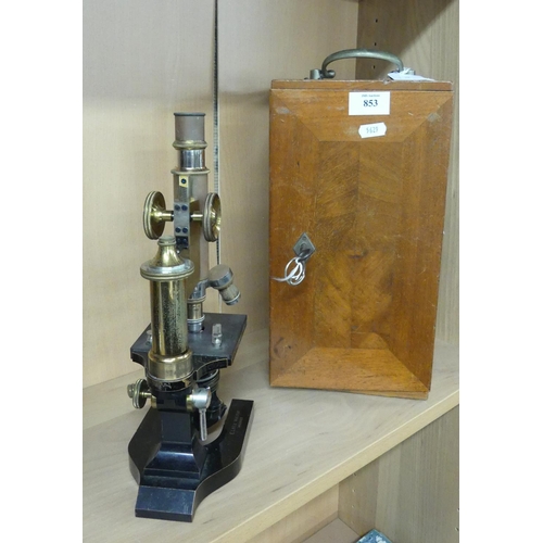 853 - Antique Brass E Leitz Wetzlar Microscope in Wooden Carrying Case.