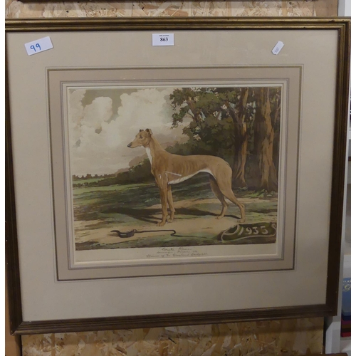 863 - Framed Print - Study of a Greyhound by Greta Ranes, approx 39 x 31cm.