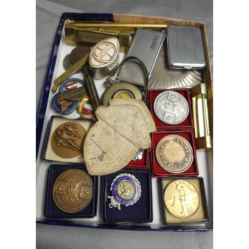 884 - Tray Lot - Medallions, Powder Compact, Coins & Badges etc.