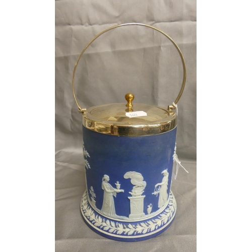 903 - Victorian Wedgwood Blue Jasper Biscuit Barrel, with EP mounts.