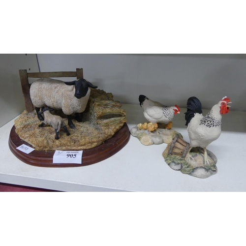 905 - Border Fine Arts Suffolk Ewe & Lamb, Rooster, Hen & Chicks.