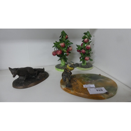 910 - Cold Painted Bronze Bird on Onyx Base, Two Italian Pottery Apple Trees & Resin Fox.