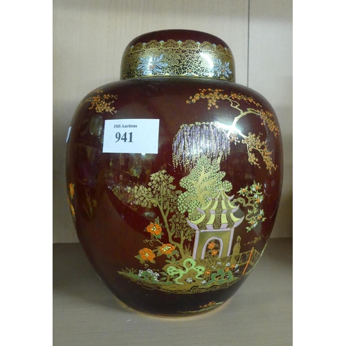 941 - Large Carlton Ware Rouge Royale Chinese Garden Pattern Ginger Jar & Cover.