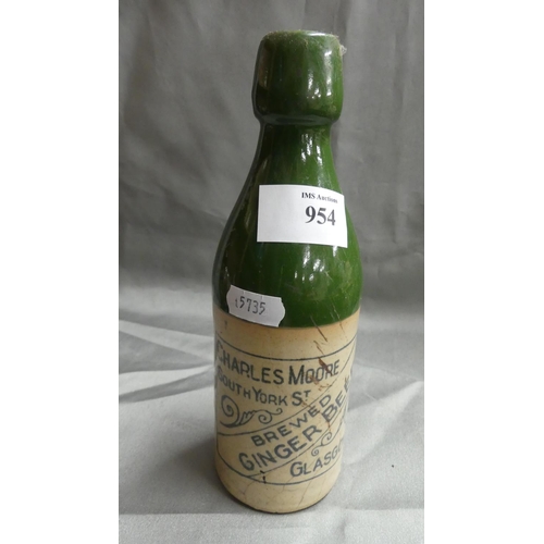 954 - Charles Moore Green Topped Stoneware Ginger Beer Bottle (AF).