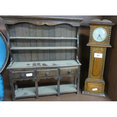 957 - Miniature Oak Dresser & Grandfather Clock.