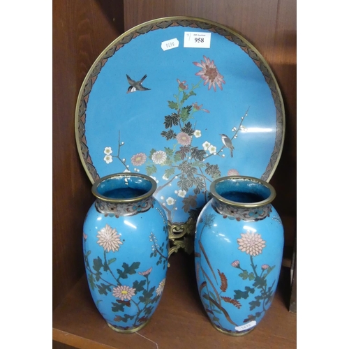 958 - Japanese Cloisonne Wall Plate & Matching Vases, Vases standing approx 19cm tall.