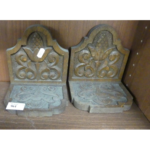 961 - Pair of Carved Oak Bookends.