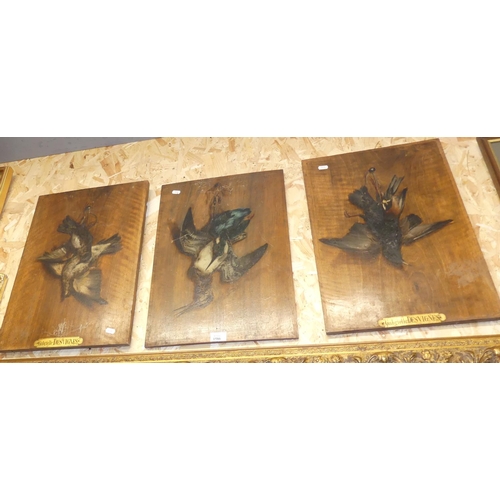 1586 - Set of Three Vintage Oil Painted Wooden Panels Depicting Hanging Game, approx 37 x 52cm.