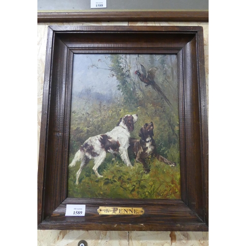 1589 - Continental Framed Oil Painting on Board - Dogs Flushing Game, approx 24 x 31cm.