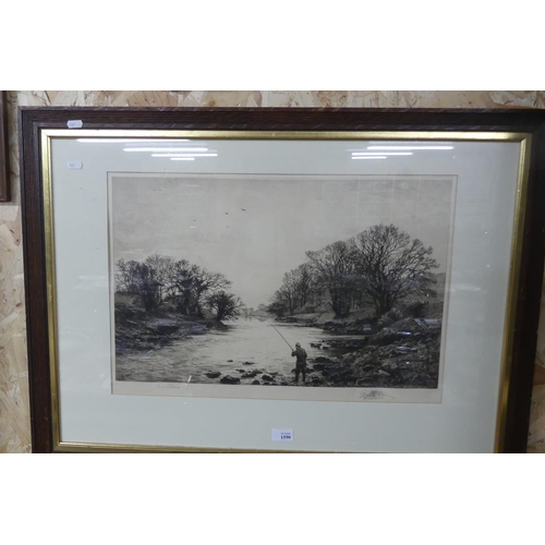 1590 - Framed Monochrome Print - Fisherman on River, Signed Fred Slocombe, approx 57 x 36cm.