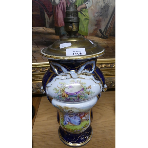 1598 - Continental Porcelain Table Lamp Base, decorated with panel of romantic figures on deep blue gilded ... 