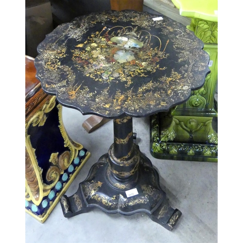 1631 - Antique Papier Mache Wine Table, the top gilded and inlaid with MOP, approx 92cm tall.