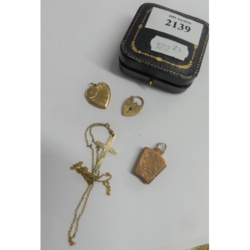 2139 - 2 9ct Gold Lockets, Padlock & 9ct Crucifix on Chain - 11.0gms