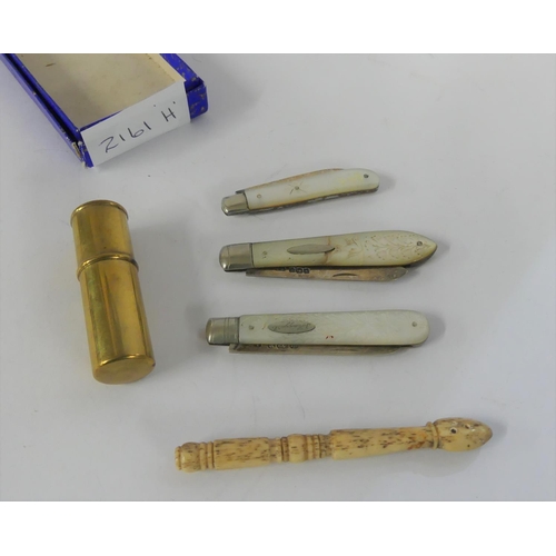 2161H - 3 Silver Bladed Fruit Knives & Brass Lighter