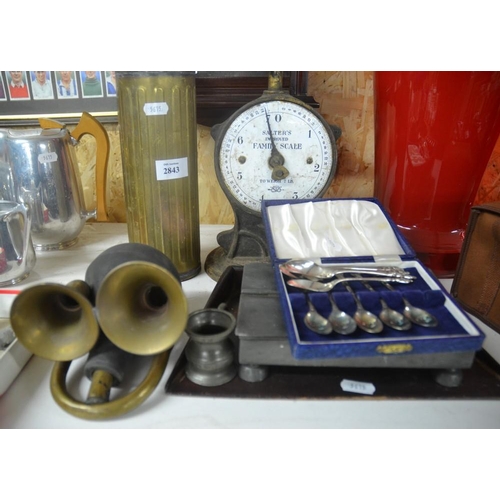 2843 - Brass Horn, Brass Hot Water Bottle, Salter Scales, etc.