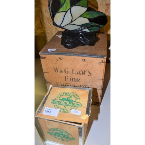 2856 - 2 x Tea Boxes & Stained Glass Butterfly Table Lamp