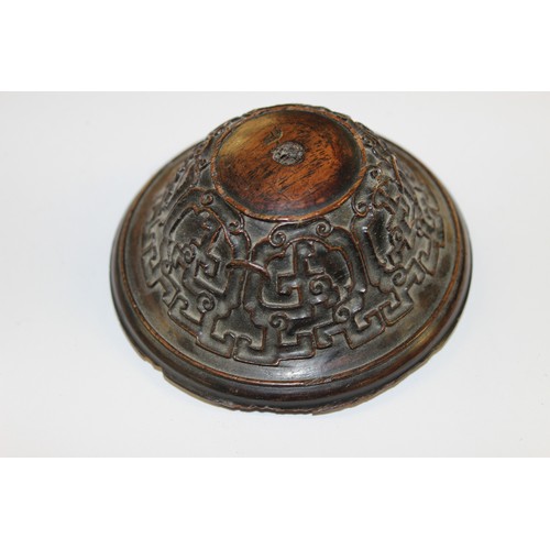 1523 - Chinese Bronze Incense Burner with intricately carved Wooden Lid, supported on three legs decorated ... 