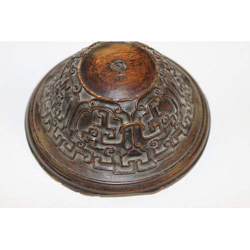 1523 - Chinese Bronze Incense Burner with intricately carved Wooden Lid, supported on three legs decorated ... 