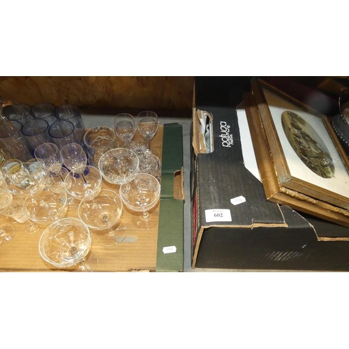 602 - 2 Boxes - Pictures, Plated Items, Assorted Glass & China.